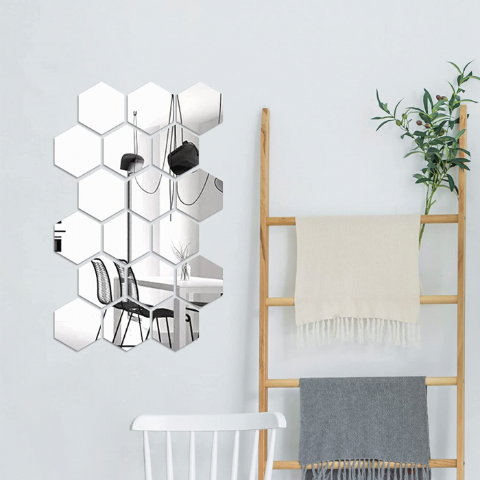 Set oglinzi acrilice Luxer, model hexagon, 12.5x11x6.4 cm, silver, oglinda acrilica perete mare decortiva dedeman dormitor rama ikea baie dedeman jysk ieftin pret emag mobexpert moderne ieftine leroy merlin autocolant hexagon luxer [3]
