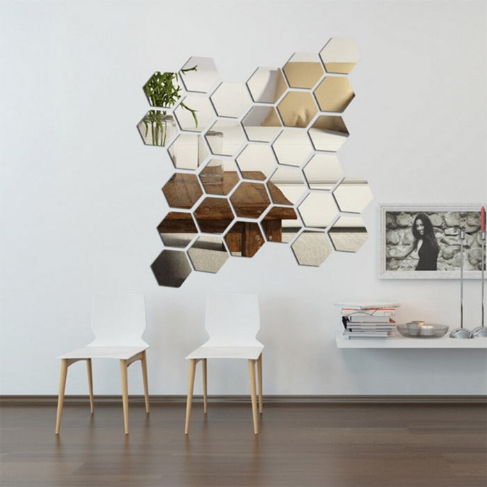 Set oglinzi acrilice Luxer, model hexagon, 12.5x11x6.4 cm, silver, oglinda acrilica perete mare decortiva dedeman dormitor rama ikea baie dedeman jysk ieftin pret emag mobexpert moderne ieftine leroy merlin autocolant hexagon luxer [8]