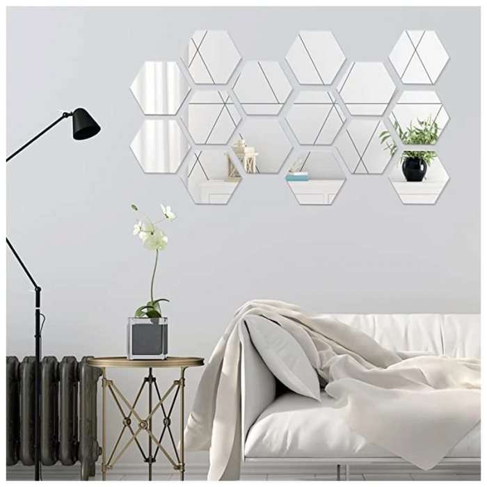 Set oglinzi acrilice Luxer, model hexagon, 12.5x11x6.4 cm, silver, oglinda acrilica perete mare decortiva dedeman dormitor rama ikea baie dedeman jysk ieftin pret emag mobexpert moderne ieftine leroy merlin autocolant hexagon luxer [3]