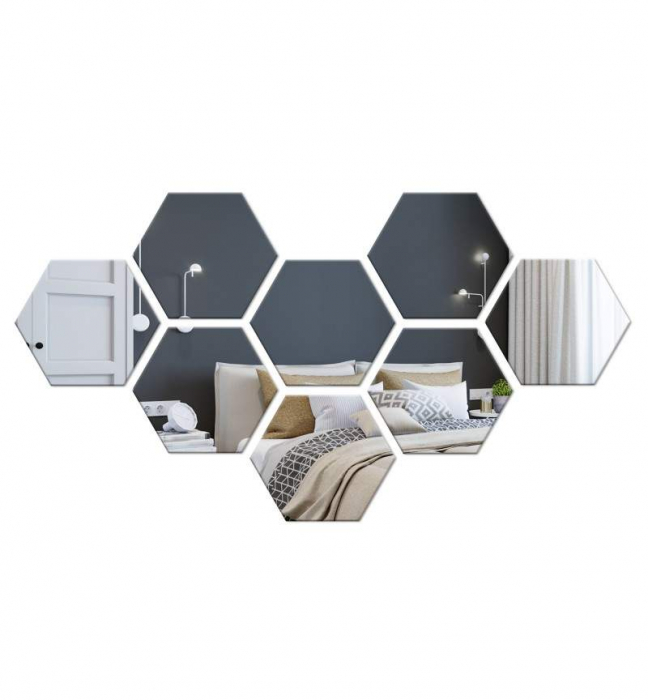Set oglinzi acrilice Luxer, model hexagon, 18.5x16x9.3 cm, silver, oglinda acrilica perete mare decortiva dedeman dormitor rama ikea baie dedeman jysk ieftin pret emag mobexpert moderne ieftine leroy merlin autocolant hexagon luxer [3]