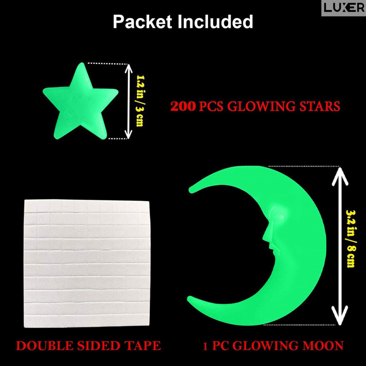 Set Stickere Autoadezive Copii Fosforescente pentru Perete/Mobila/Tavan, Model: Spatiul Stelar, 200 Stele 3 cm si Luna 8 cm, Luxer [10]
