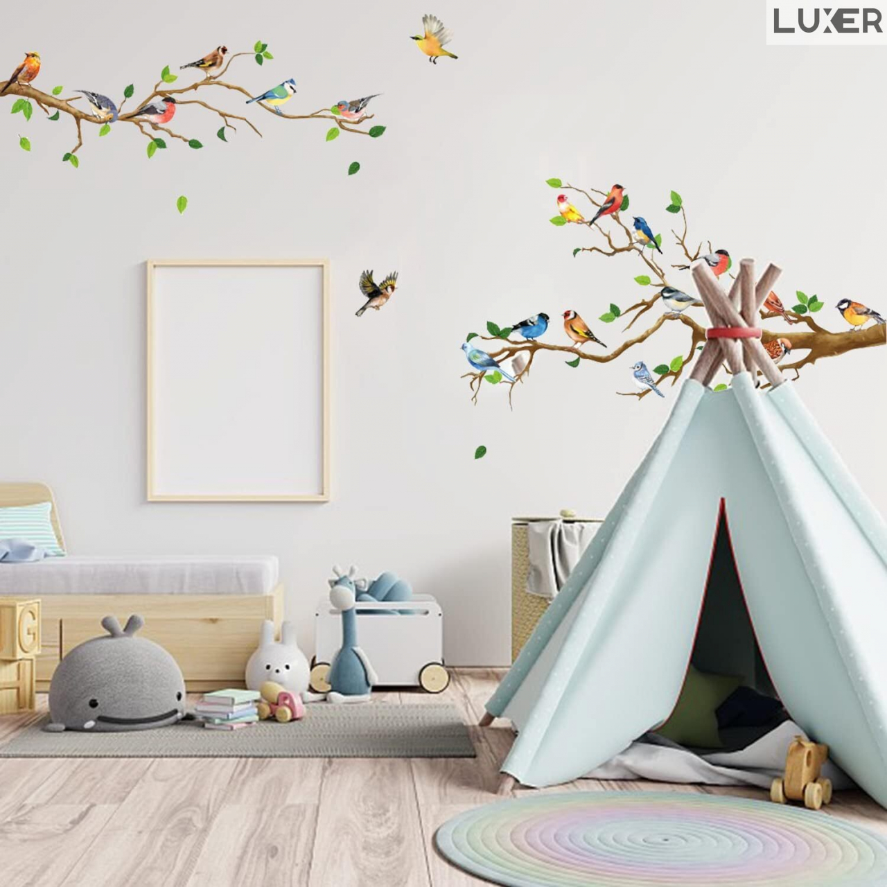Sticker Autoadeziv Decorativ cu Model Floral: Branches with Small Birds, Multisuprafete, Dimensiuni: 140 x 50 cm, Luxer,  Stickere Decorative pentru Perete Autocolant cu model Floral "Ramuri de Copac si Pasari mici" pentru Domitor/Bucatarie/Living/Hol cu Flori si Natura Vie si Animale Verde si Galben Luxer [6]