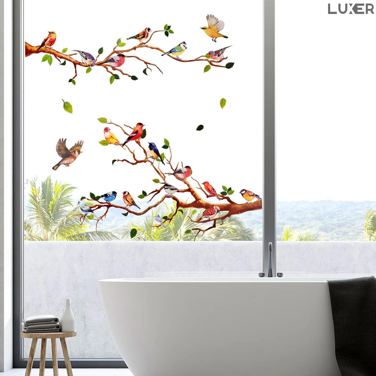 Sticker Autoadeziv Decorativ cu Model Floral: Branches with Small Birds, Multisuprafete, Dimensiuni: 140 x 50 cm, Luxer,  Stickere Decorative pentru Perete Autocolant cu model Floral "Ramuri de Copac si Pasari mici" pentru Domitor/Bucatarie/Living/Hol cu Flori si Natura Vie si Animale Verde si Galben Luxer [5]