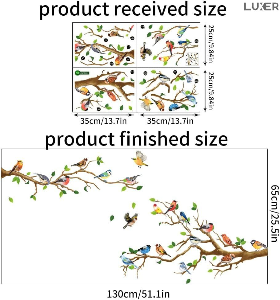 Sticker Autoadeziv Decorativ cu Model Floral: Branches with Small Birds, Multisuprafete, Dimensiuni: 140 x 50 cm, Luxer,  Stickere Decorative pentru Perete Autocolant cu model Floral "Ramuri de Copac si Pasari mici" pentru Domitor/Bucatarie/Living/Hol cu Flori si Natura Vie si Animale Verde si Galben Luxer [9]