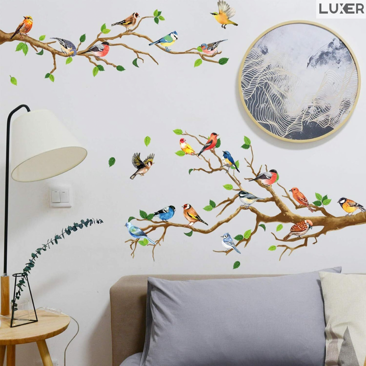 Sticker Autoadeziv Decorativ cu Model Floral: Branches with Small Birds, Multisuprafete, Dimensiuni: 140 x 50 cm, Luxer,  Stickere Decorative pentru Perete Autocolant cu model Floral "Ramuri de Copac si Pasari mici" pentru Domitor/Bucatarie/Living/Hol cu Flori si Natura Vie si Animale Verde si Galben Luxer [2]