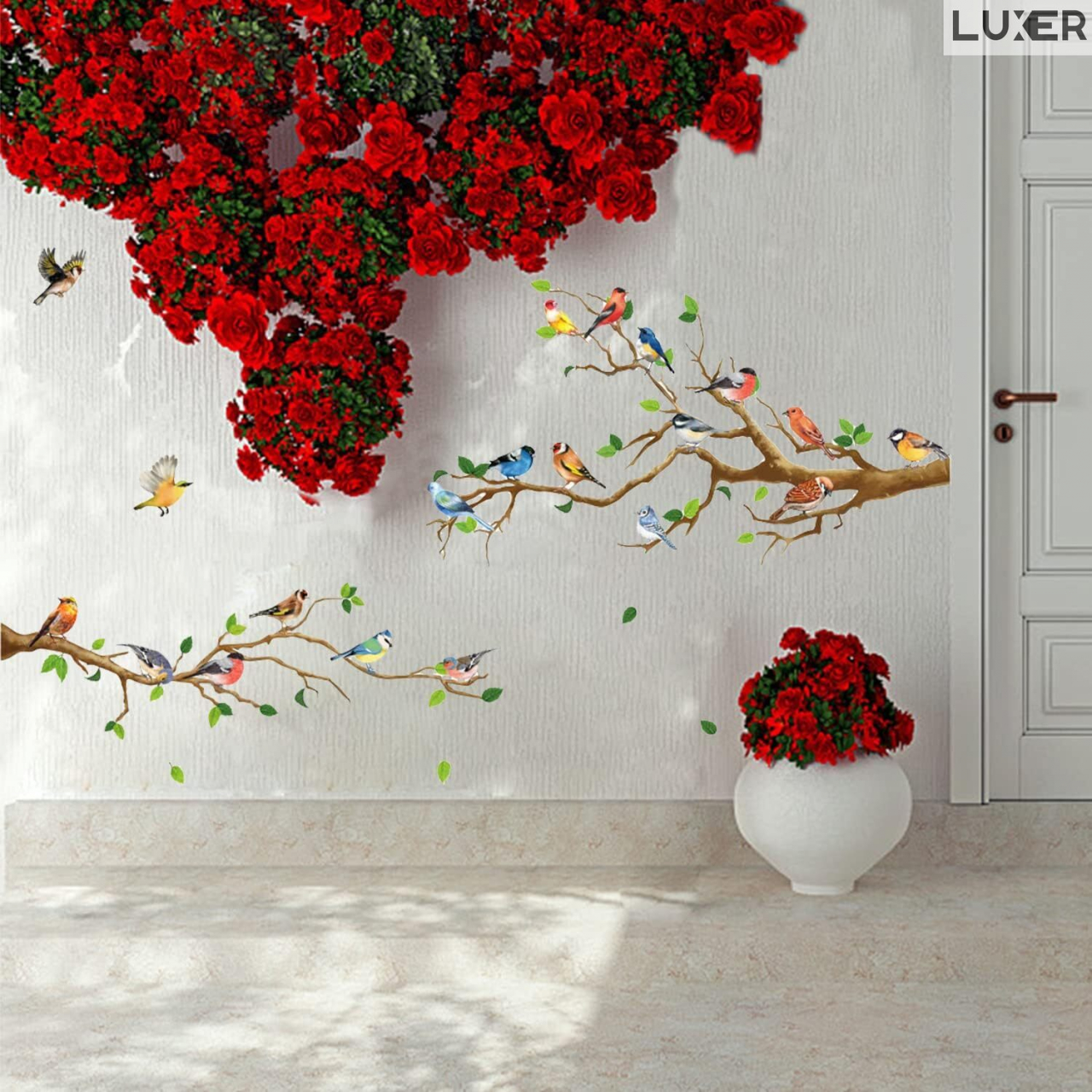 Sticker Autoadeziv Decorativ cu Model Floral: Branches with Small Birds, Multisuprafete, Dimensiuni: 140 x 50 cm, Luxer,  Stickere Decorative pentru Perete Autocolant cu model Floral "Ramuri de Copac si Pasari mici" pentru Domitor/Bucatarie/Living/Hol cu Flori si Natura Vie si Animale Verde si Galben Luxer [4]