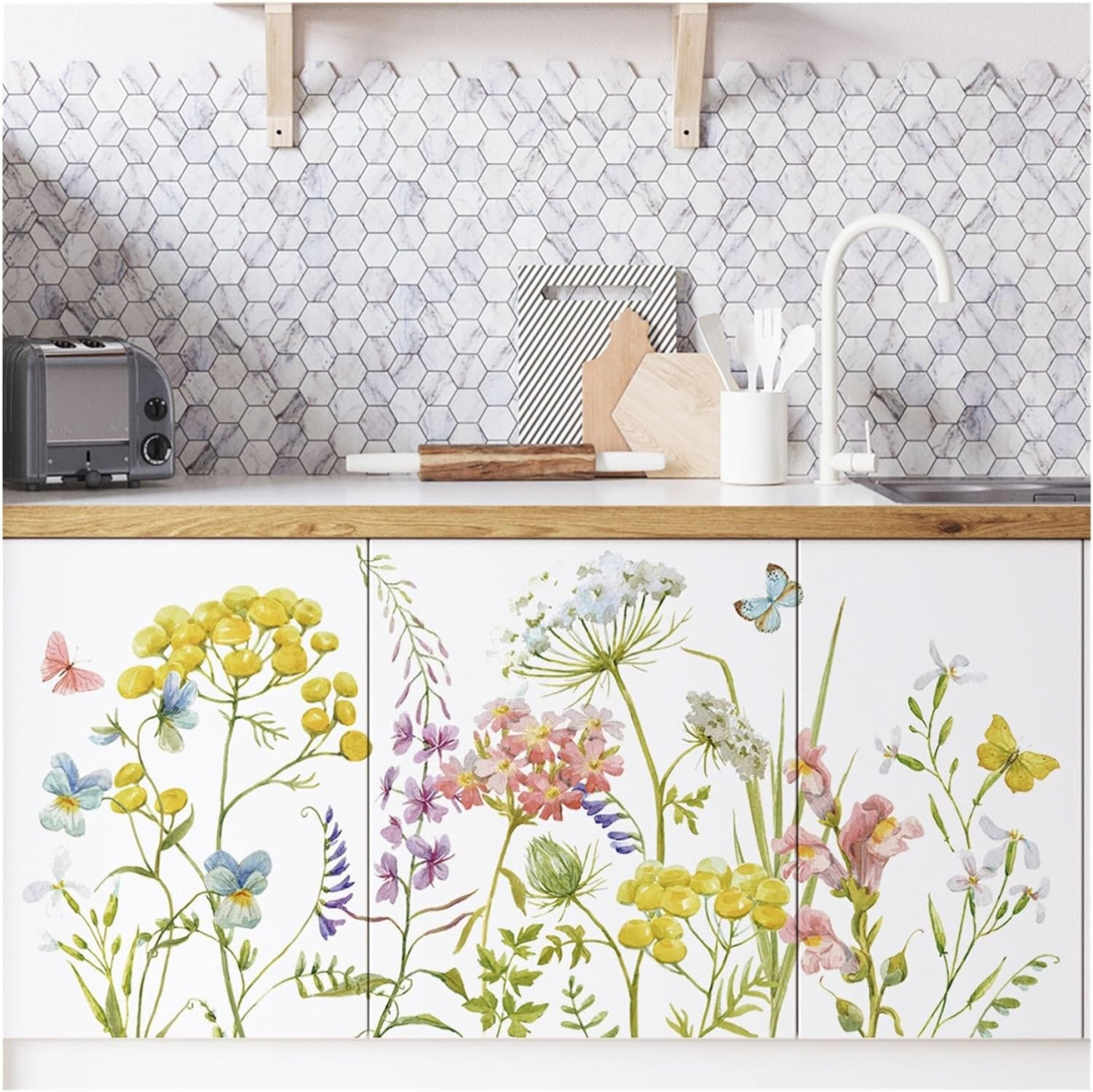 Sticker Autoadeziv Decorativ cu Model Floral: Wildflower, Multisuprafete, Dimensiuni: 60 x 30 cm, Luxer, Stickere Decorative pentru Perete Autocolant cu model Floral pentru Domitor/Bucatarie/Living/Hol cu Flori si Natura Vie Verde si Galben Luxer [4]