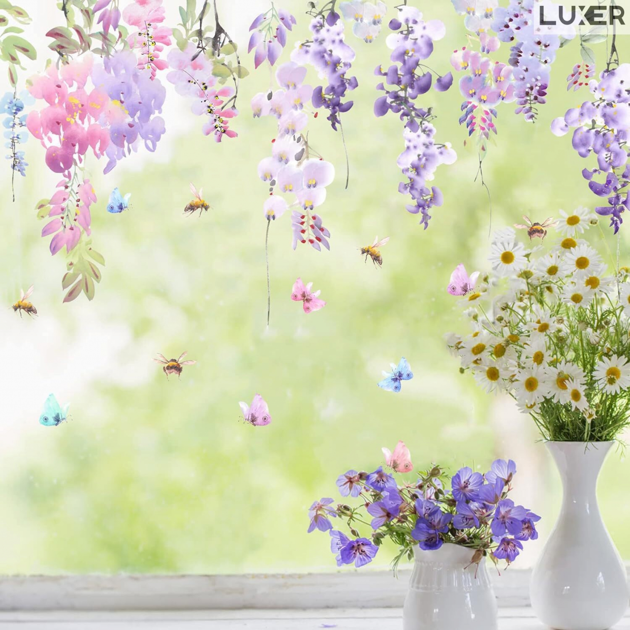 Sticker Autoadeziv Decorativ cu Model Floral: Wisteria Flowers, Multisuprafete, Dimensiuni: 70 x 42 cm, Luxer, Stickere Decorative pentru Perete Autocolant cu model Floral "Flori de Glicina"pentru Domitor/Bucatarie/Living/Hol cu Flori si Natura Vie Verde si Galben Luxer [2]