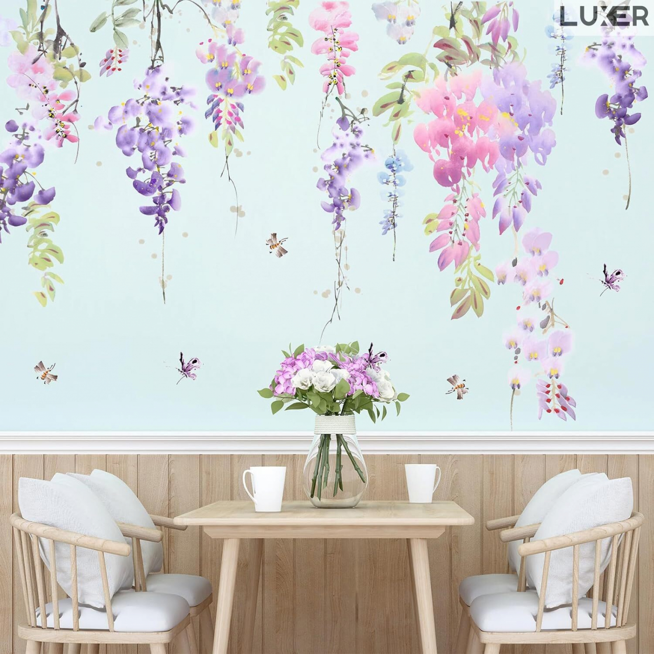 Sticker Autoadeziv Decorativ cu Model Floral: Wisteria Flowers, Multisuprafete, Dimensiuni: 70 x 42 cm, Luxer, Stickere Decorative pentru Perete Autocolant cu model Floral "Flori de Glicina"pentru Domitor/Bucatarie/Living/Hol cu Flori si Natura Vie Verde si Galben Luxer [4]