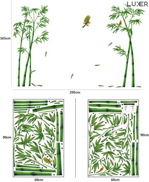 Sticker Autocolant Decorativ Perete/Mobila Model Bambus si Pasari Colibry, Dimensiuni 295x165 cm, Luxer, stickere perete decorative autocolant natura pentru copii adulti emag jumbo hornach leroy jysk ieftine luxer [11]