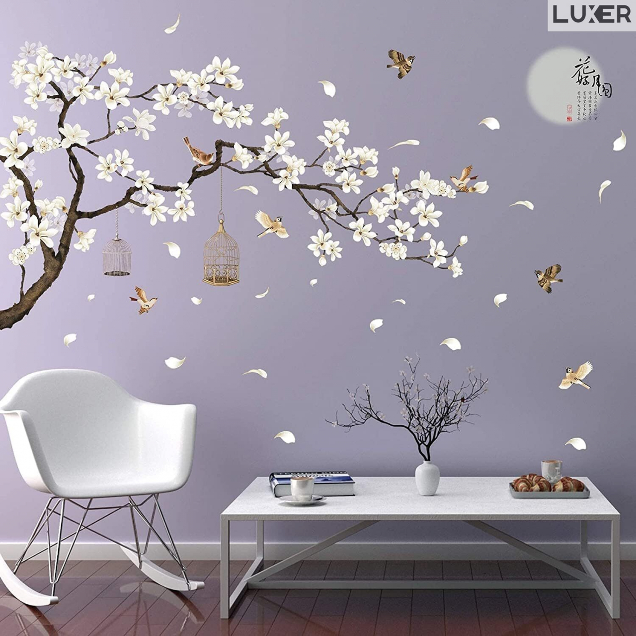 Sticker Decorativ Autoadeziv/Autocolant pentru Perete/Mobila/Geam cu Model Floral : Cires Japonez Inflorit si Pasari Zburand Libere, Multisuprafete, Dimensiuni: 187x128 cm, Dedeman, Emag, Jysk, Leroy, Luxer [3]