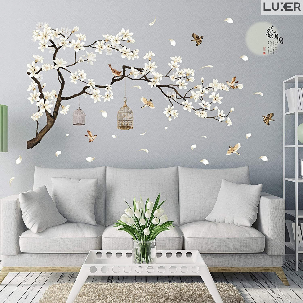 Sticker Decorativ Autoadeziv/Autocolant pentru Perete/Mobila/Geam cu Model Floral : Cires Japonez Inflorit si Pasari Zburand Libere, Multisuprafete, Dimensiuni: 187x128 cm, Dedeman, Emag, Jysk, Leroy, Luxer [5]