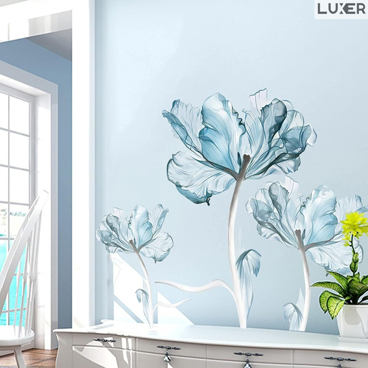 Sticker Decorativ Autoadeziv Pentru Perete / Mobila / Geamcu Model Floral : Crystal Blue Lotus (Floare de Lotus), Multisuprafete, Dimensiuni: 100 x 84 cm, Luxer [1]