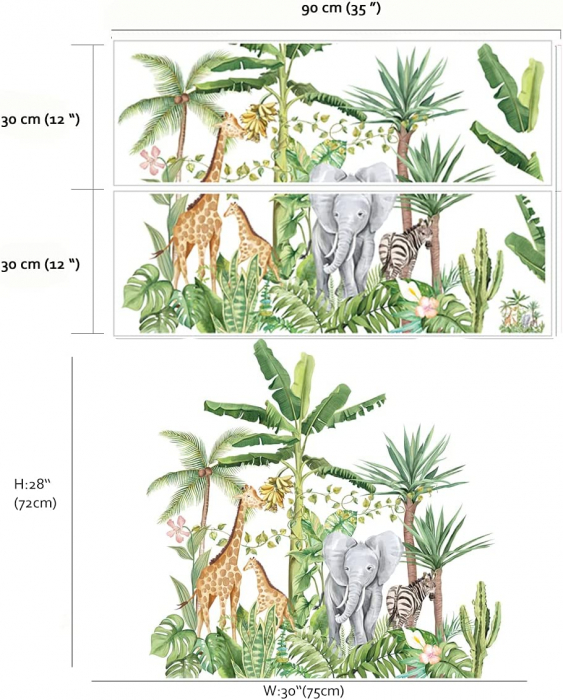 Sticker Decorativ cu Animale in Padurea Tropicala, Autocolant Tropical Rainforest Animals, 75x75 cm, stickere perete copii dedeman baieti/fete emag personalizate ieftine animale disney leroy merlin mickey mouse autocolante luxer [10]