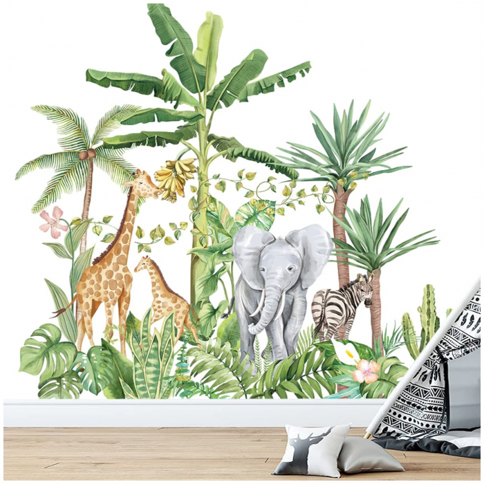 Sticker Decorativ cu Animale in Padurea Tropicala, Autocolant Tropical Rainforest Animals, 75x75 cm, stickere perete copii dedeman baieti/fete emag personalizate ieftine animale disney leroy merlin mickey mouse autocolante luxer [9]