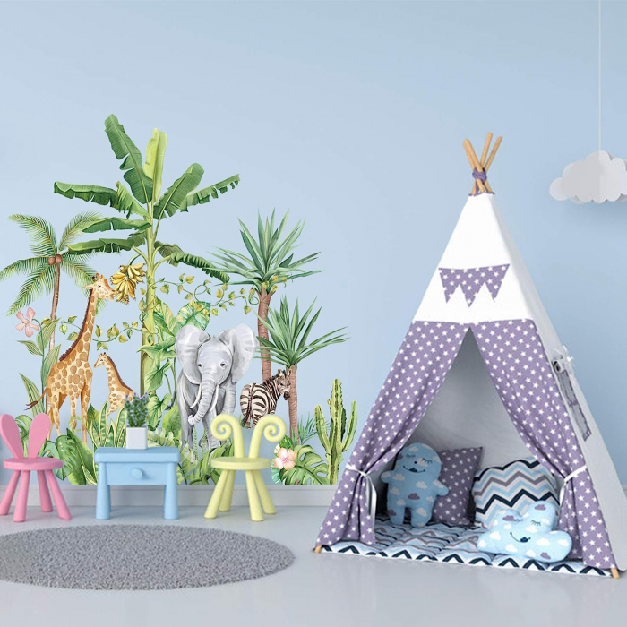 Sticker Decorativ cu Animale in Padurea Tropicala, Autocolant Tropical Rainforest Animals, 75x75 cm, stickere perete copii dedeman baieti/fete emag personalizate ieftine animale disney leroy merlin mickey mouse autocolante luxer [6]