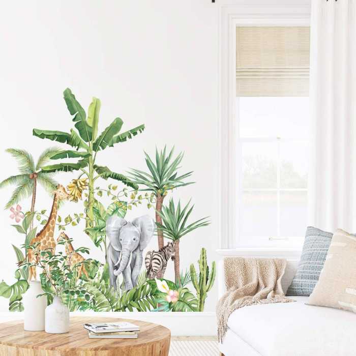 Sticker Decorativ cu Animale in Padurea Tropicala, Autocolant Tropical Rainforest Animals, 75x75 cm, stickere perete copii dedeman baieti/fete emag personalizate ieftine animale disney leroy merlin mickey mouse autocolante luxer [7]