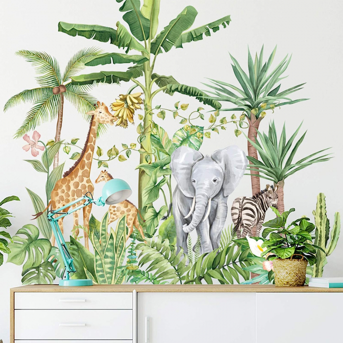 Sticker Decorativ cu Animale in Padurea Tropicala, Autocolant Tropical Rainforest Animals, 75x75 cm, stickere perete copii dedeman baieti/fete emag personalizate ieftine animale disney leroy merlin mickey mouse autocolante luxer [5]