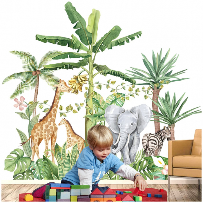 Sticker Decorativ cu Animale in Padurea Tropicala, Autocolant Tropical Rainforest Animals, 75x75 cm, stickere perete copii dedeman baieti/fete emag personalizate ieftine animale disney leroy merlin mickey mouse autocolante luxer [8]