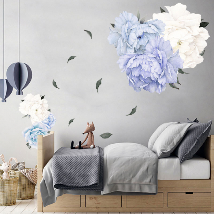 Sticker Decorativ cu Bujori Albastri si Albi Luxer, Autocolant Blue Peonies, 85x59.5cm, stickere perete flori 3d cu flori mici leroy merlin dedeman Luxer [6]