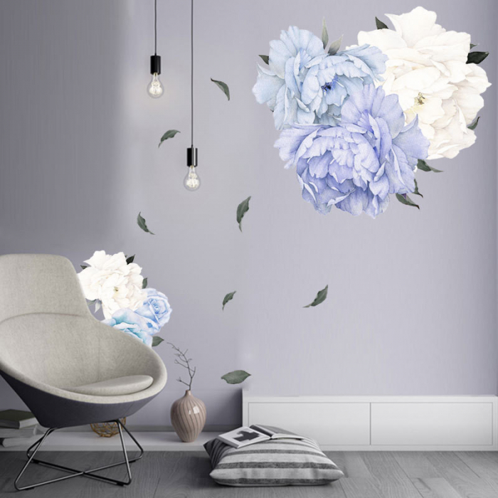 Sticker Decorativ cu Bujori Albastri si Albi Luxer, Autocolant Blue Peonies, 85x59.5cm, stickere perete flori 3d cu flori mici leroy merlin dedeman Luxer [5]