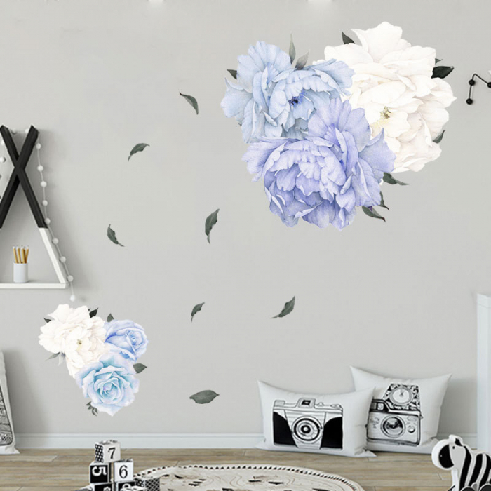 Sticker Decorativ cu Bujori Albastri si Albi Luxer, Autocolant Blue Peonies, 85x59.5cm, stickere perete flori 3d cu flori mici leroy merlin dedeman Luxer [2]
