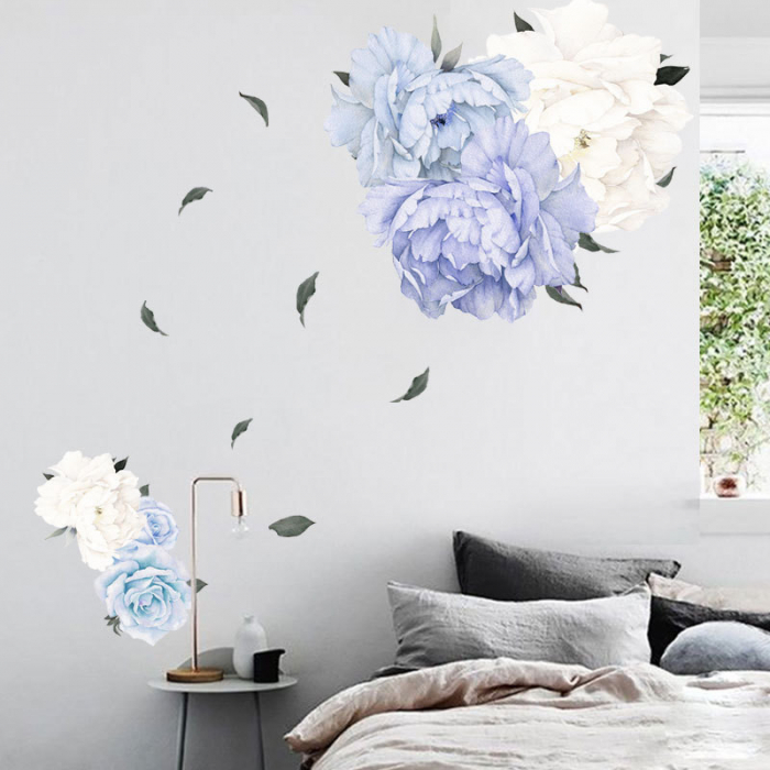 Sticker Decorativ cu Bujori Albastri si Albi Luxer, Autocolant Blue Peonies, 85x59.5cm, stickere perete flori 3d cu flori mici leroy merlin dedeman Luxer [7]