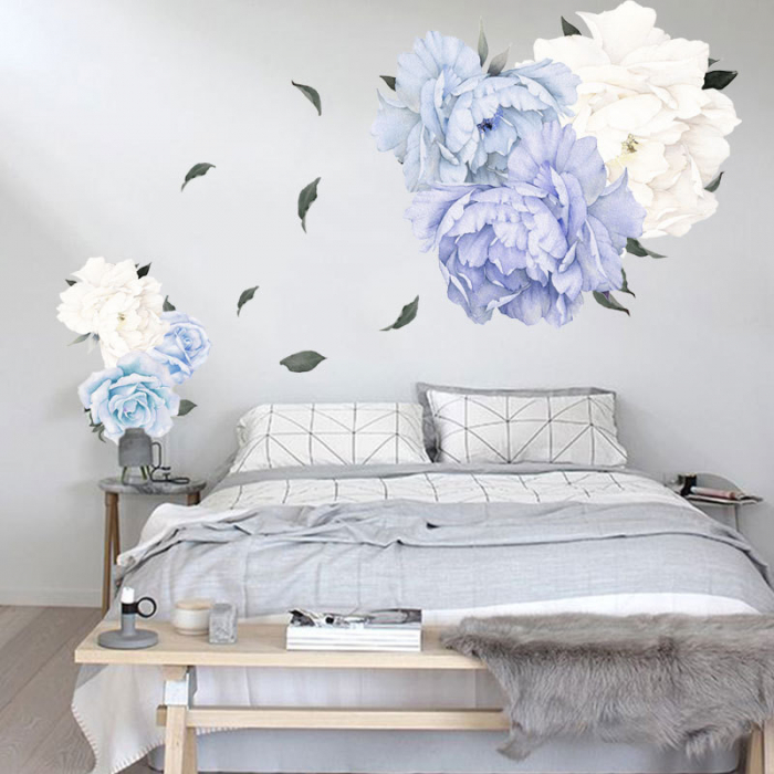 Sticker Decorativ cu Bujori Albastri si Albi Luxer, Autocolant Blue Peonies, 85x59.5cm, stickere perete flori 3d cu flori mici leroy merlin dedeman Luxer [3]