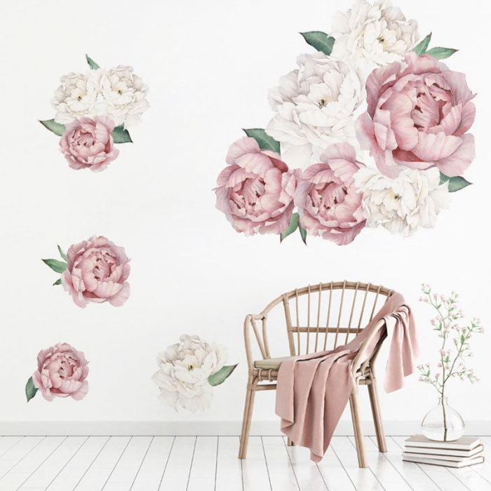 Sticker decorativ cu Bujori Albi si Roz Luxer, Autocolant White Peonies, stickere perete flori autocolant 3d dedeman leroy merlin cu flori mici [2]