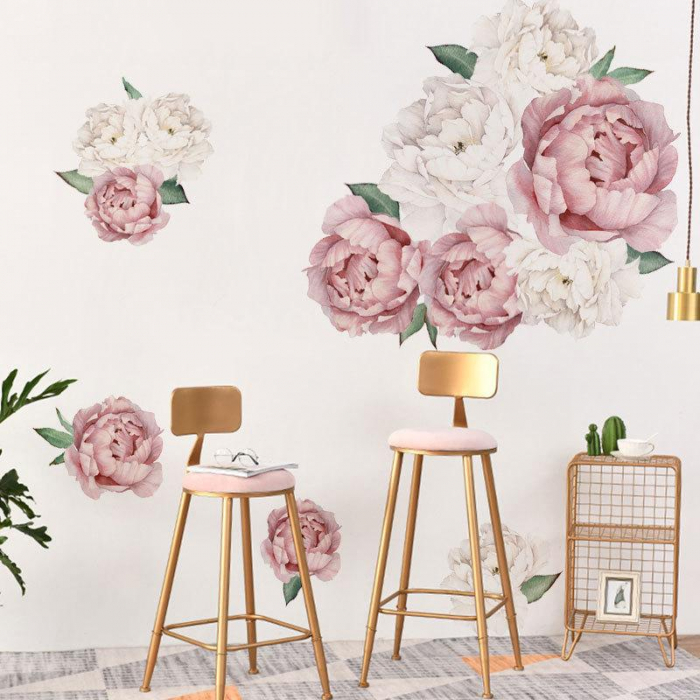 Sticker decorativ cu Bujori Albi si Roz Luxer, Autocolant White Peonies, stickere perete flori autocolant 3d dedeman leroy merlin cu flori mici [1]