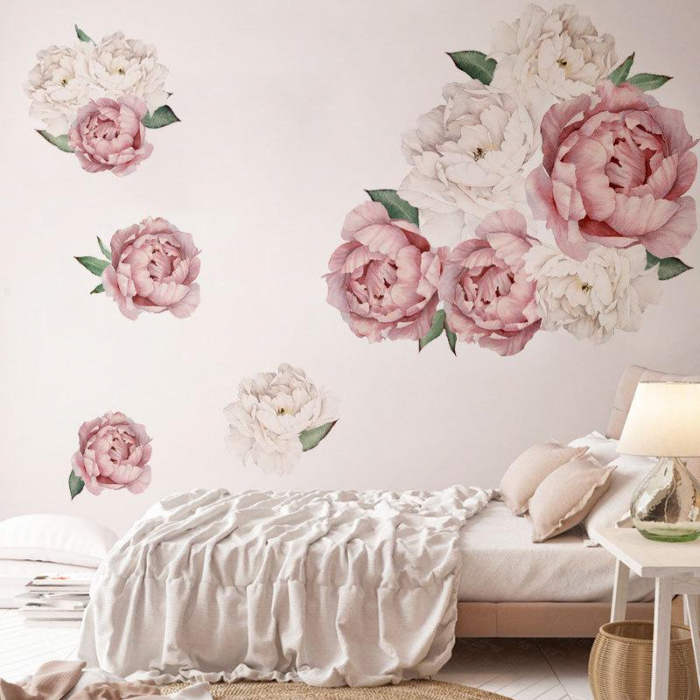 Sticker decorativ cu Bujori Albi si Roz Luxer, Autocolant White Peonies, stickere perete flori autocolant 3d dedeman leroy merlin cu flori mici [7]