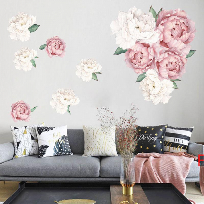 Sticker decorativ cu Bujori Albi si Roz Luxer, Autocolant White Peonies, stickere perete flori autocolant 3d dedeman leroy merlin cu flori mici [8]
