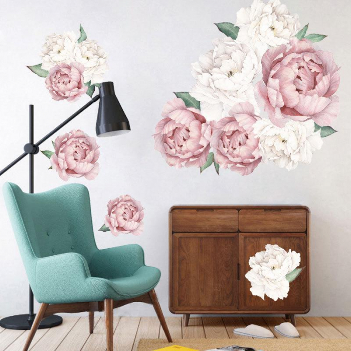 Sticker decorativ cu Bujori Albi si Roz Luxer, Autocolant White Peonies, stickere perete flori autocolant 3d dedeman leroy merlin cu flori mici [4]