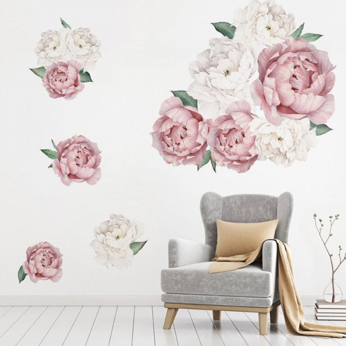 Sticker decorativ cu Bujori Albi si Roz Luxer, Autocolant White Peonies, stickere perete flori autocolant 3d dedeman leroy merlin cu flori mici [6]