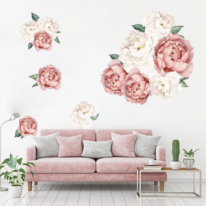 Sticker decorativ cu Bujori Albi si Roz Luxer, Autocolant White Peonies, stickere perete flori autocolant 3d dedeman leroy merlin cu flori mici [5]