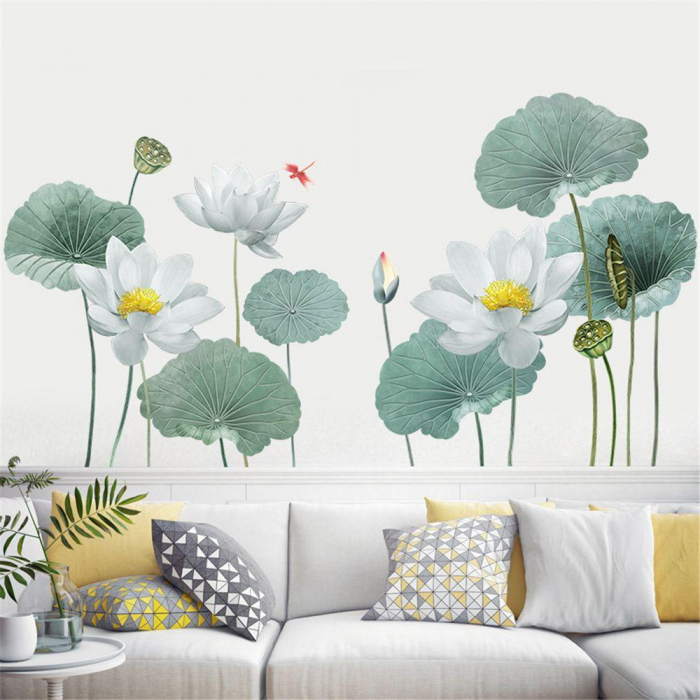 Sticker Decorativ cu Flori Albe de Lotus Luxer, Autocolant perete White Lotus Flowers, 180x90 cm, stickere perete dedeman flori personalizat pepco emag personalizate ieftine natura plante exotice merlin mickey mouse autocolante pentru sufragerie living luxer [2]