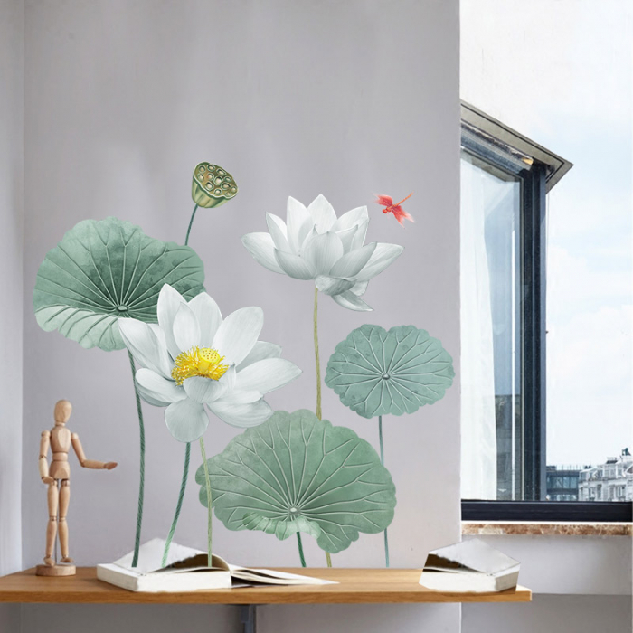 Sticker Decorativ cu Flori Albe de Lotus Luxer, Autocolant perete White Lotus Flowers, 180x90 cm, stickere perete dedeman flori personalizat pepco emag personalizate ieftine natura plante exotice merlin mickey mouse autocolante pentru sufragerie living luxer [8]