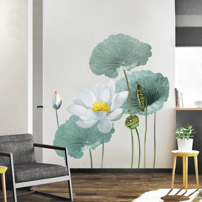 Sticker Decorativ cu Flori Albe de Lotus Luxer, Autocolant perete White Lotus Flowers, 180x90 cm, stickere perete dedeman flori personalizat pepco emag personalizate ieftine natura plante exotice merlin mickey mouse autocolante pentru sufragerie living luxer [9]