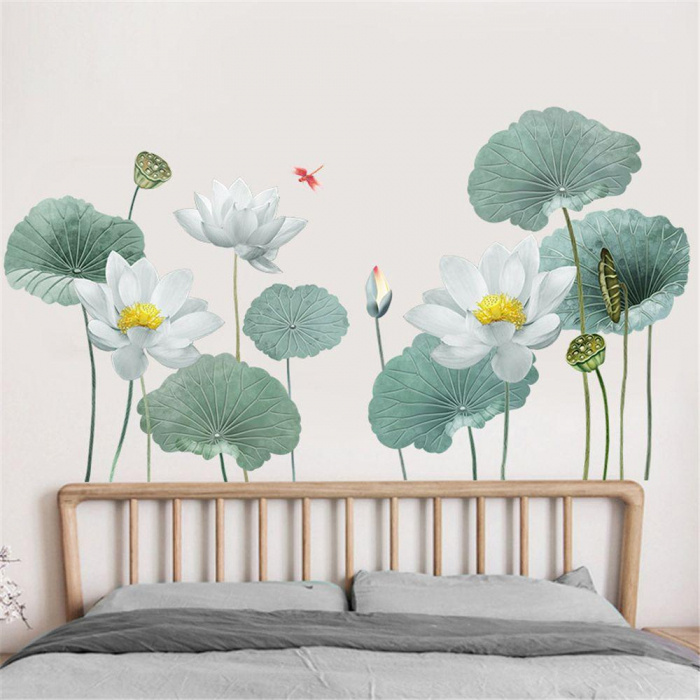 Sticker Decorativ cu Flori Albe de Lotus Luxer, Autocolant perete White Lotus Flowers, 180x90 cm, stickere perete dedeman flori personalizat pepco emag personalizate ieftine natura plante exotice merlin mickey mouse autocolante pentru sufragerie living luxer [3]