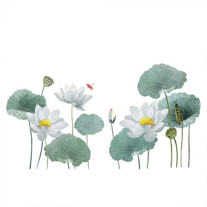 Sticker Decorativ cu Flori Albe de Lotus Luxer, Autocolant perete White Lotus Flowers, 180x90 cm, stickere perete dedeman flori personalizat pepco emag personalizate ieftine natura plante exotice merlin mickey mouse autocolante pentru sufragerie living luxer [10]