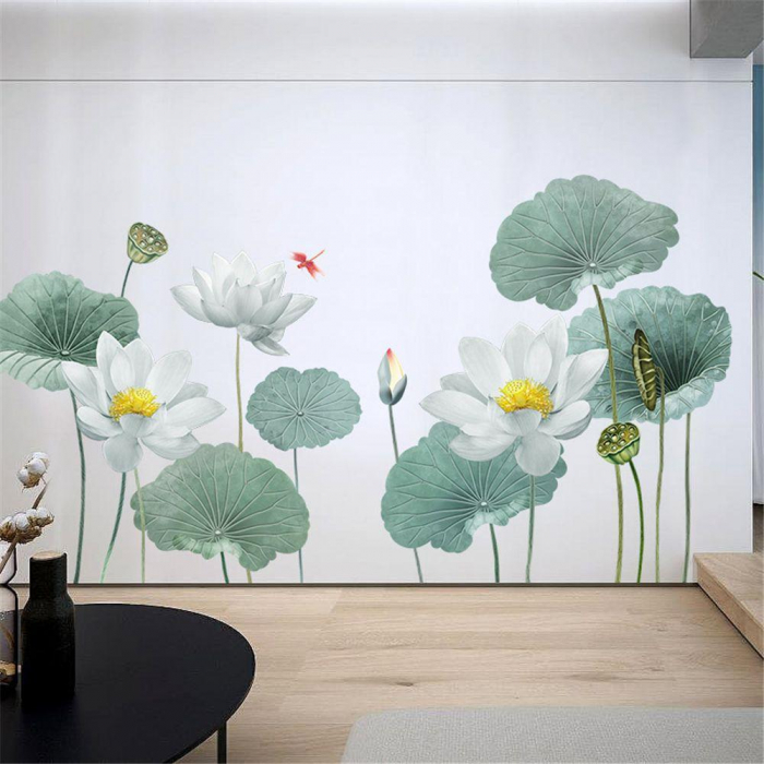 Sticker Decorativ cu Flori Albe de Lotus Luxer, Autocolant perete White Lotus Flowers, 180x90 cm, stickere perete dedeman flori personalizat pepco emag personalizate ieftine natura plante exotice merlin mickey mouse autocolante pentru sufragerie living luxer [6]