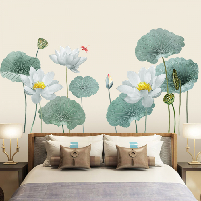 Sticker Decorativ cu Flori Albe de Lotus Luxer, Autocolant perete White Lotus Flowers, 180x90 cm, stickere perete dedeman flori personalizat pepco emag personalizate ieftine natura plante exotice merlin mickey mouse autocolante pentru sufragerie living luxer [7]