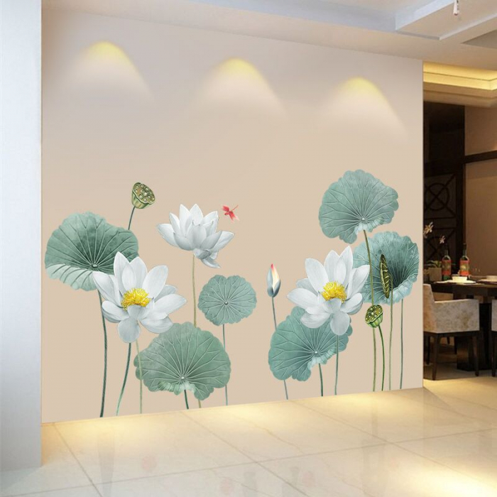 Sticker Decorativ cu Flori Albe de Lotus Luxer, Autocolant perete White Lotus Flowers, 180x90 cm, stickere perete dedeman flori personalizat pepco emag personalizate ieftine natura plante exotice merlin mickey mouse autocolante pentru sufragerie living luxer [5]