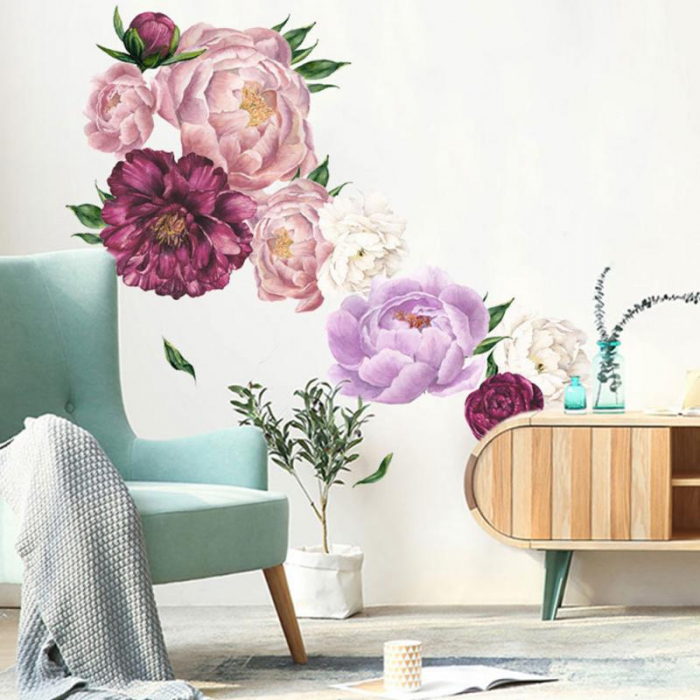 Sticker decorativ cu Flori de Bujor Mov Luxer, Autocolant Purple Peonies, 68x61.5 cm, stickere perete flori 3d cu flori mici leroy merlin dedeman Luxer [5]