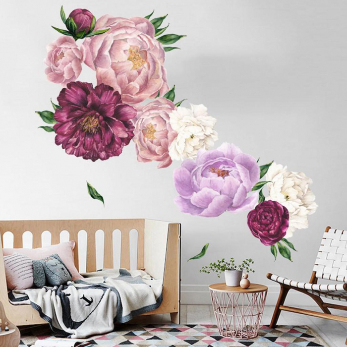 Sticker decorativ cu Flori de Bujor Mov Luxer, Autocolant Purple Peonies, 68x61.5 cm, stickere perete flori 3d cu flori mici leroy merlin dedeman Luxer [1]