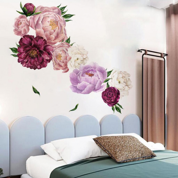 Sticker decorativ cu Flori de Bujor Mov Luxer, Autocolant Purple Peonies, 68x61.5 cm, stickere perete flori 3d cu flori mici leroy merlin dedeman Luxer [3]