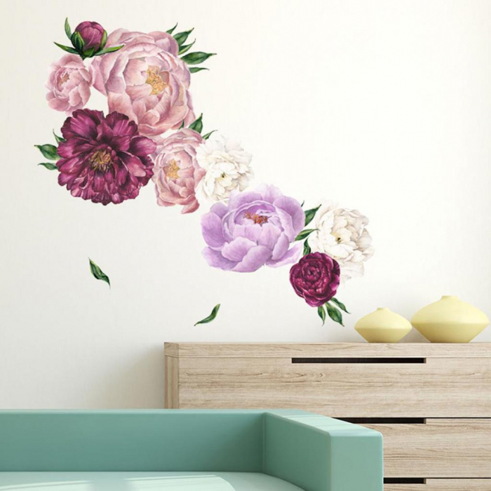 Sticker decorativ cu Flori de Bujor Mov Luxer, Autocolant Purple Peonies, 68x61.5 cm, stickere perete flori 3d cu flori mici leroy merlin dedeman Luxer [4]