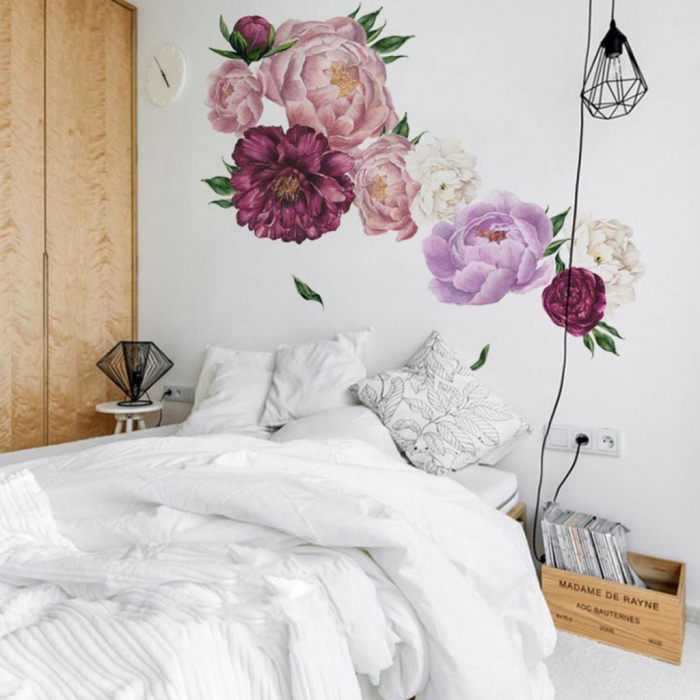 Sticker decorativ cu Flori de Bujor Mov Luxer, Autocolant Purple Peonies, 68x61.5 cm, stickere perete flori 3d cu flori mici leroy merlin dedeman Luxer [2]