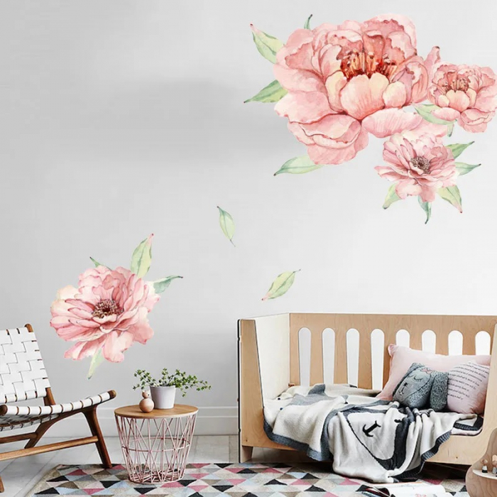 Sticker decorativ cu Flori de Bujor Roz Luxer, Autocolant Pink Peonies, 71x60 cm, stickere perete flori mici bujori leroy merlin dedeman emag Luxer [1]