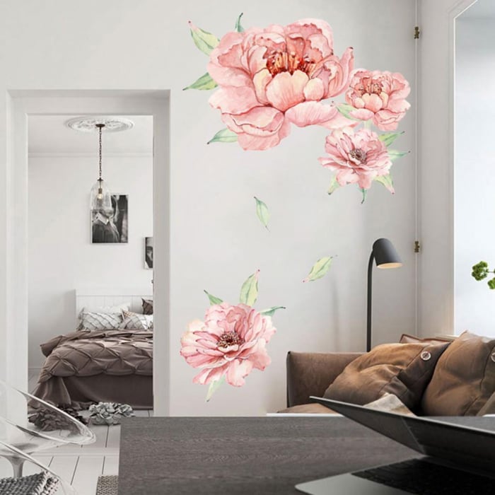 Sticker decorativ cu Flori de Bujor Roz Luxer, Autocolant Pink Peonies, 71x60 cm, stickere perete flori mici bujori leroy merlin dedeman emag Luxer [6]